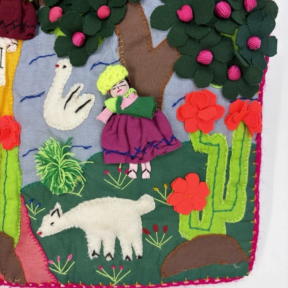 Vtg Folk Art 3D Textile Tapestry Peruvian Arpillera Handmade 19.5